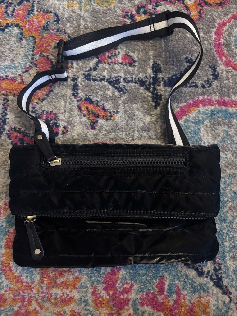 Sondra Roberts Black Quilted Crossbody with Black-and-White Stripe Strap
